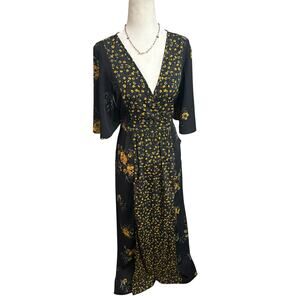 Band of Gypsies Black and Yellow Kimono Front Tie Waist Dress, Size Medium